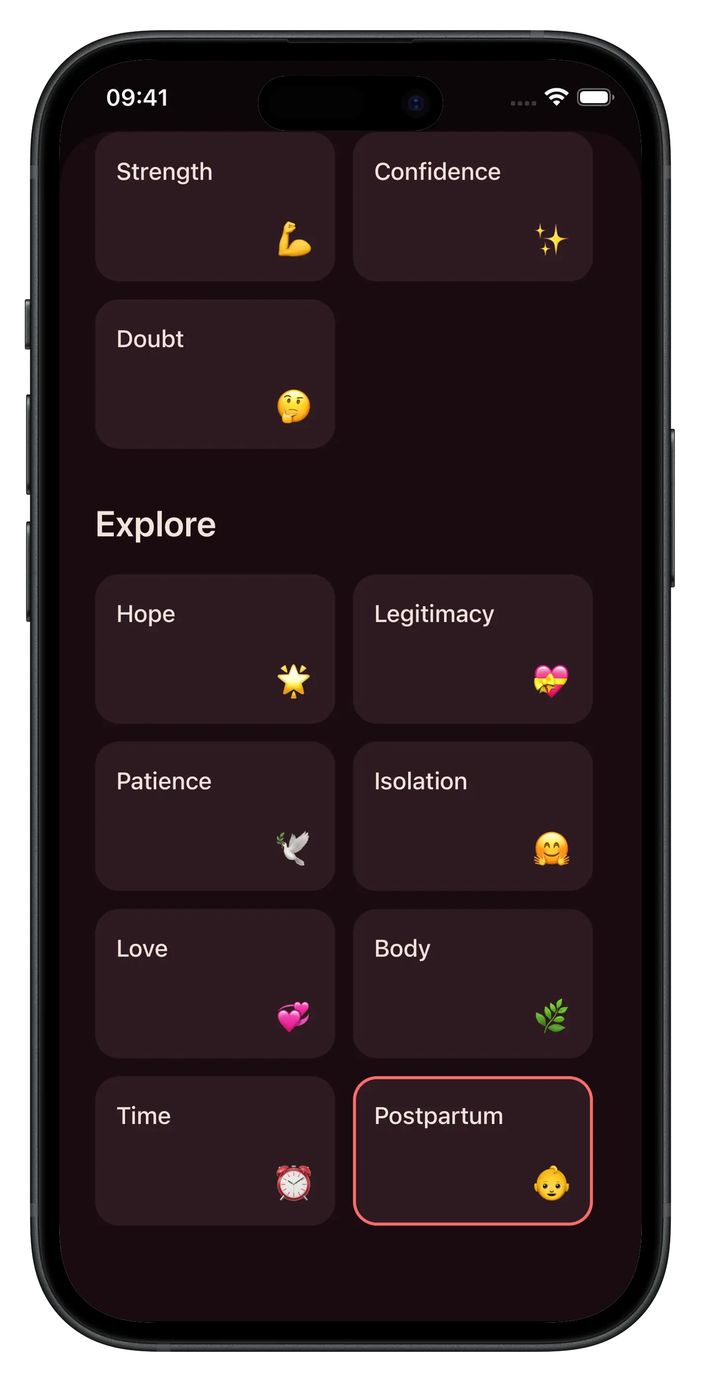 Gleam app showing affirmation categories: Strength, Confidence, Patience, Hope, Love, Postpartum and more