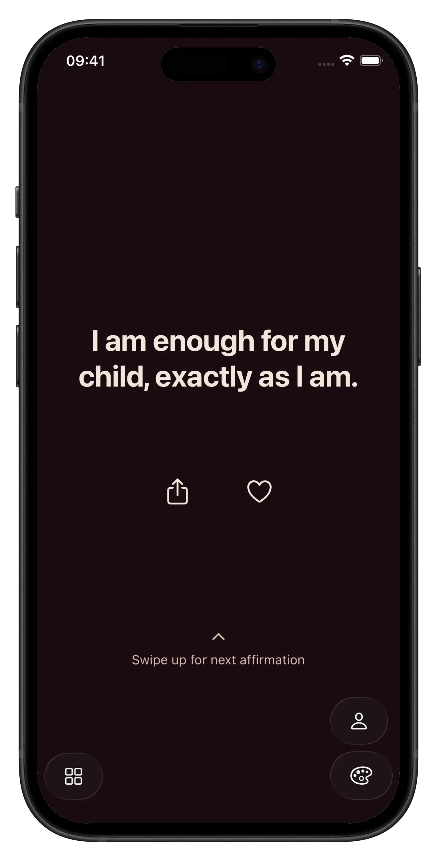 Gleam app showing an affirmation: I am enough for my child, exactly as I am